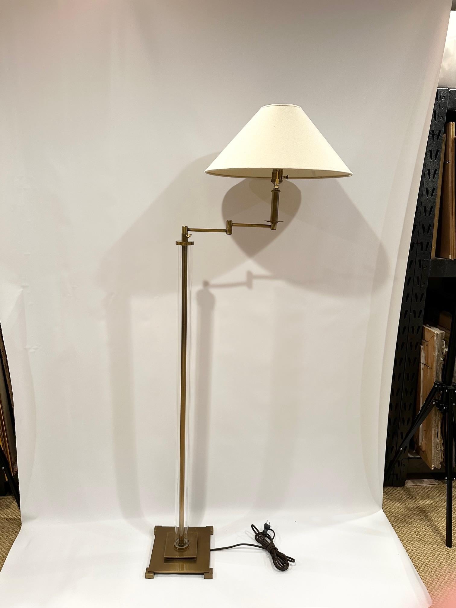 Handsome sophisticated antique brass Restoration Hardware floor lamp with with extension arm.

66.5” H base 10” Square
Shade 19” Diameter 9 H
