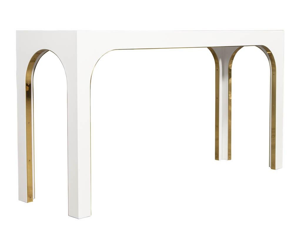Contemporary Sleek Modern White Console Table with Metal Accents For Sale