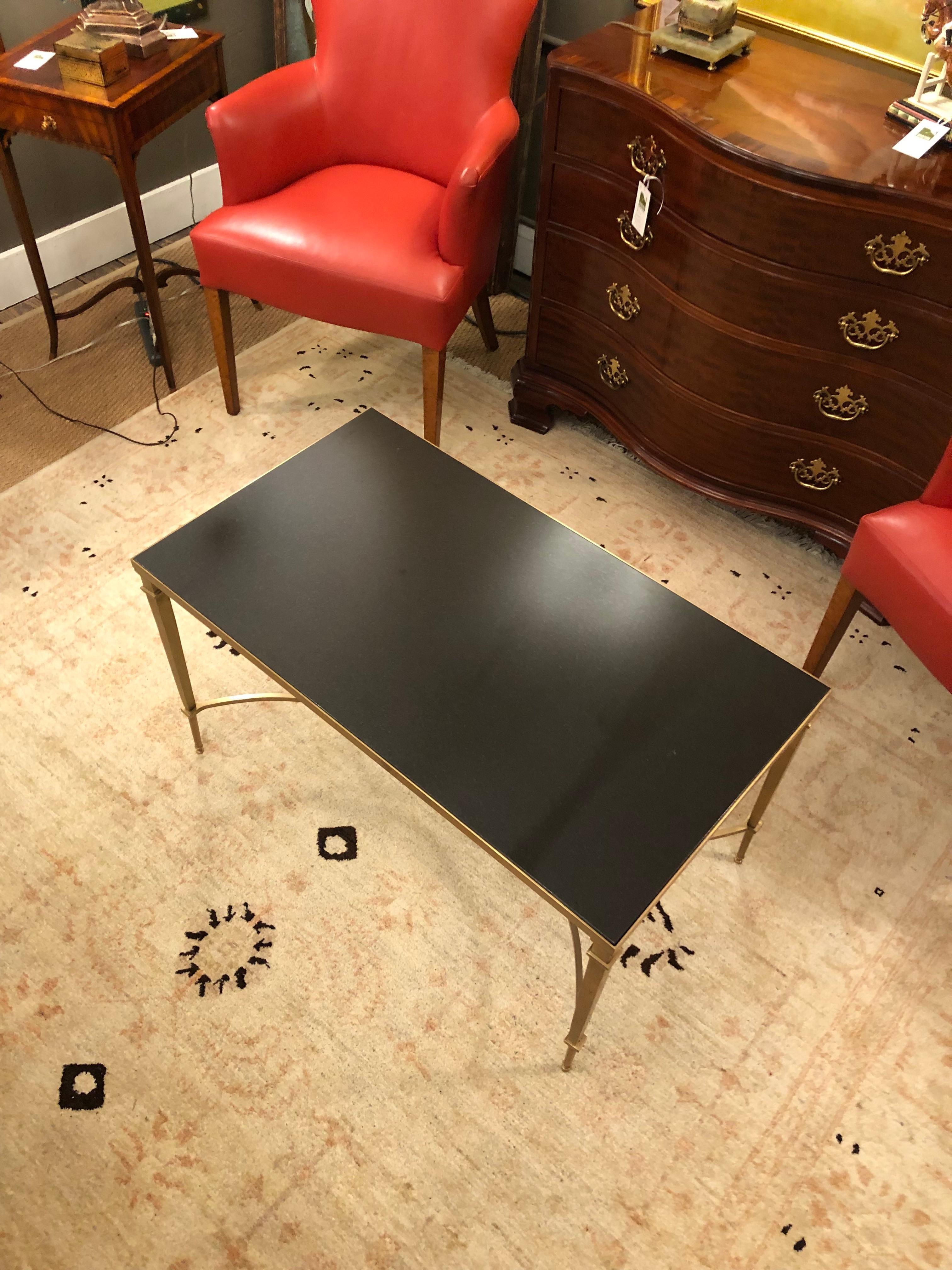 Streamlined Moderne Sleek Maison Jansen Style Brass & Black Granite Coffee Table For Sale