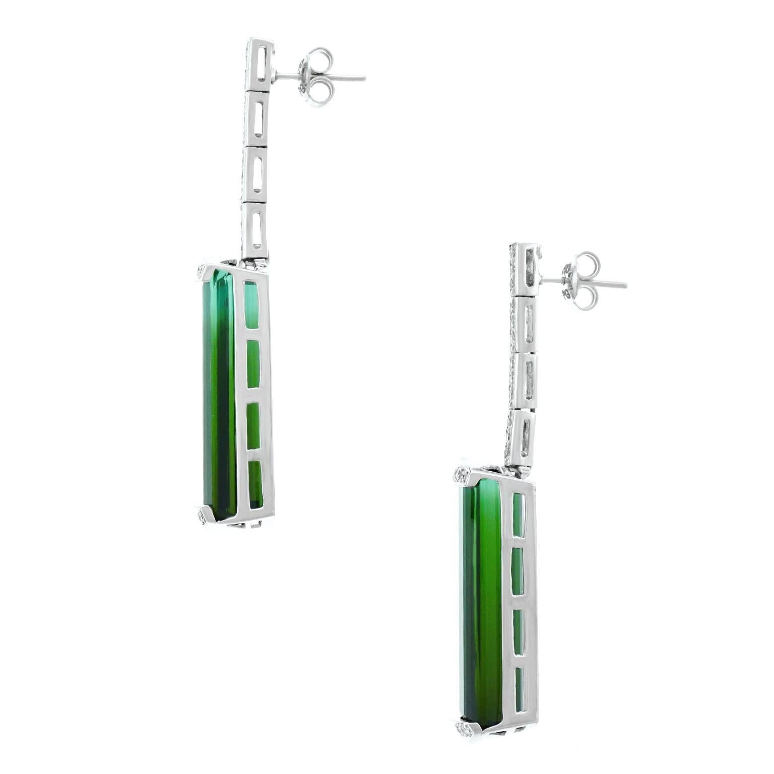 Sleek Modernist Green Tourmaline and Diamond Set Gold Earrings In Excellent Condition In Litchfield, CT