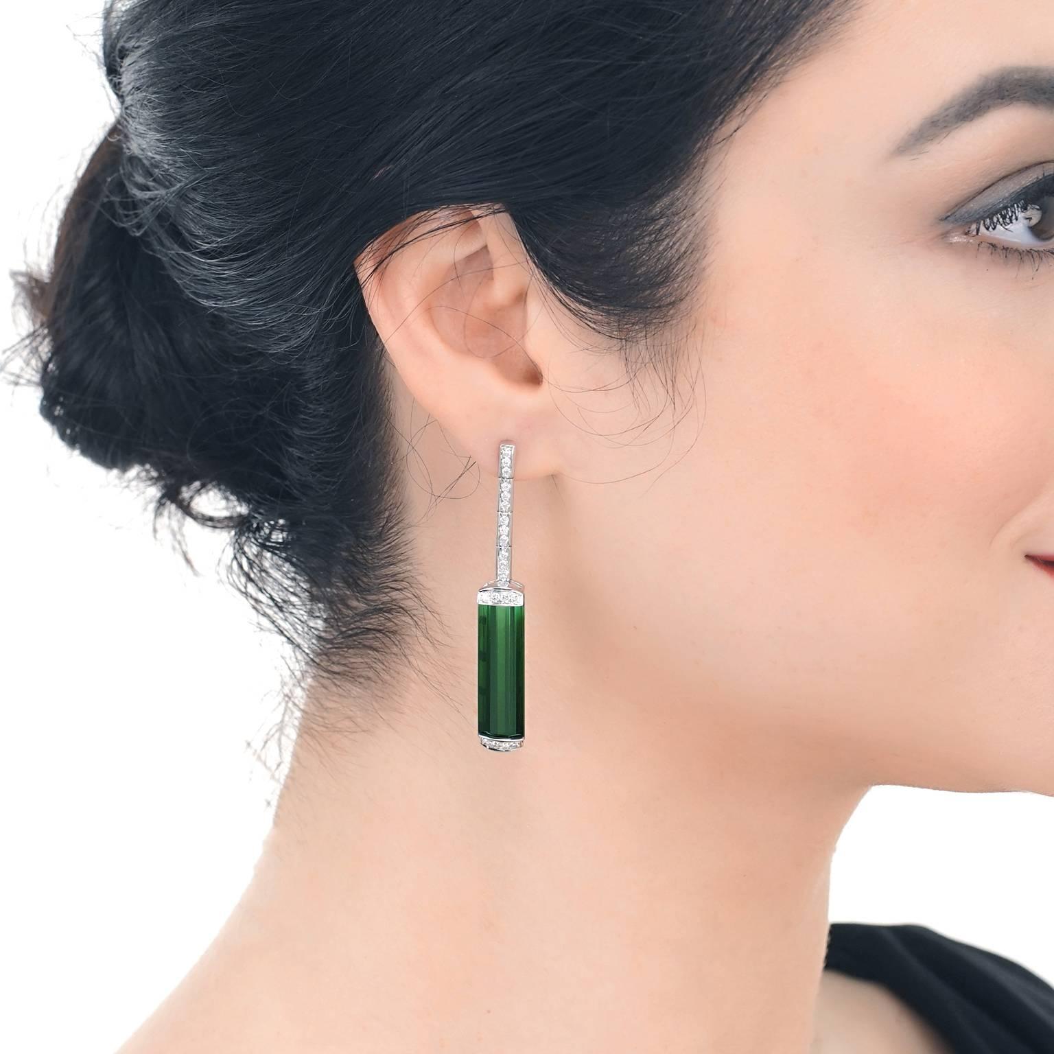Women's Sleek Modernist Green Tourmaline and Diamond Set Gold Earrings