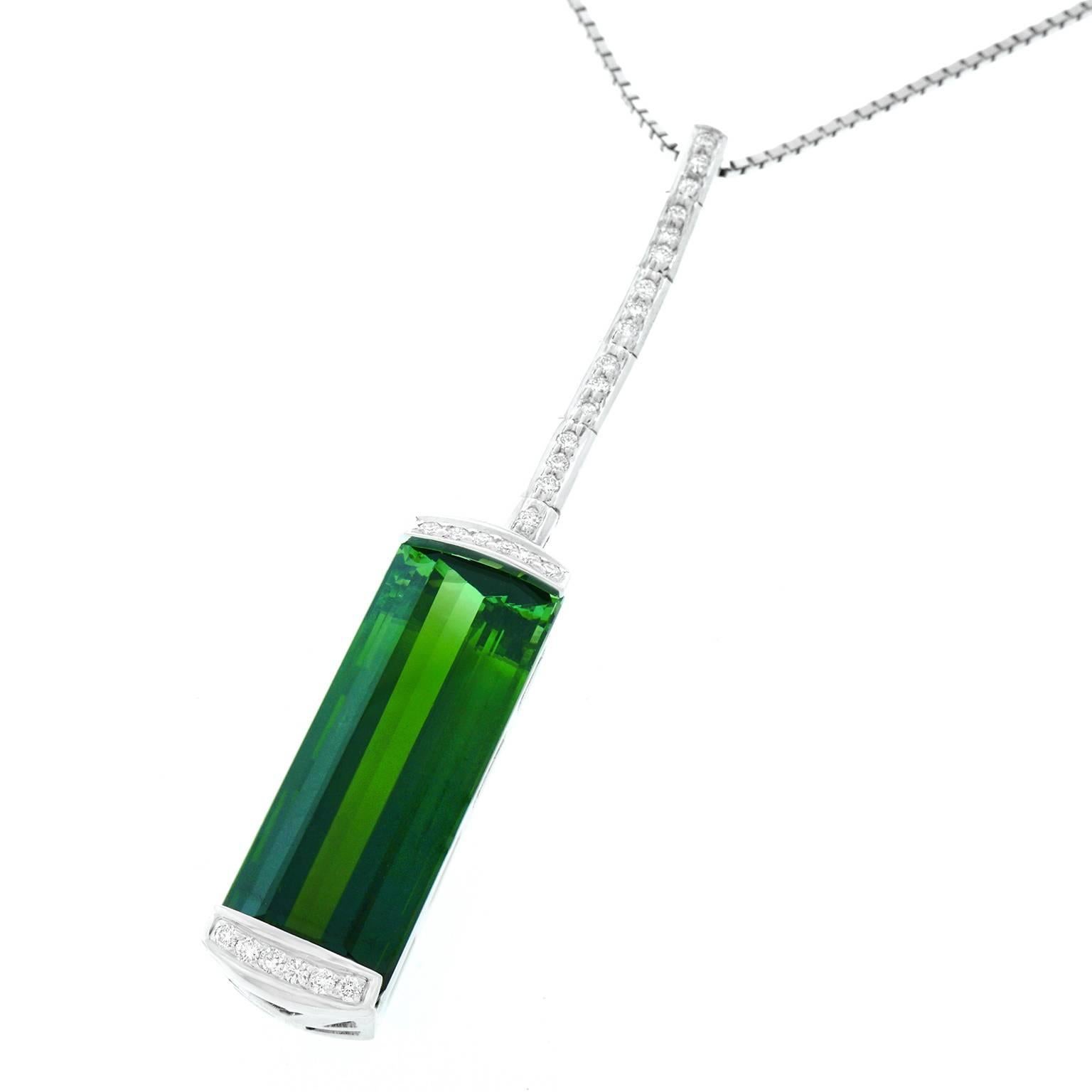 Sleek Modernist Green Tourmaline and Diamond Set Gold Pendant In Excellent Condition In Litchfield, CT