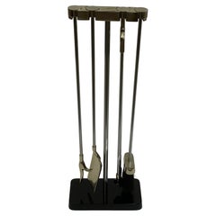 Sleek Modernist Solid Chrome Fireplace Tool Set on Iron Base