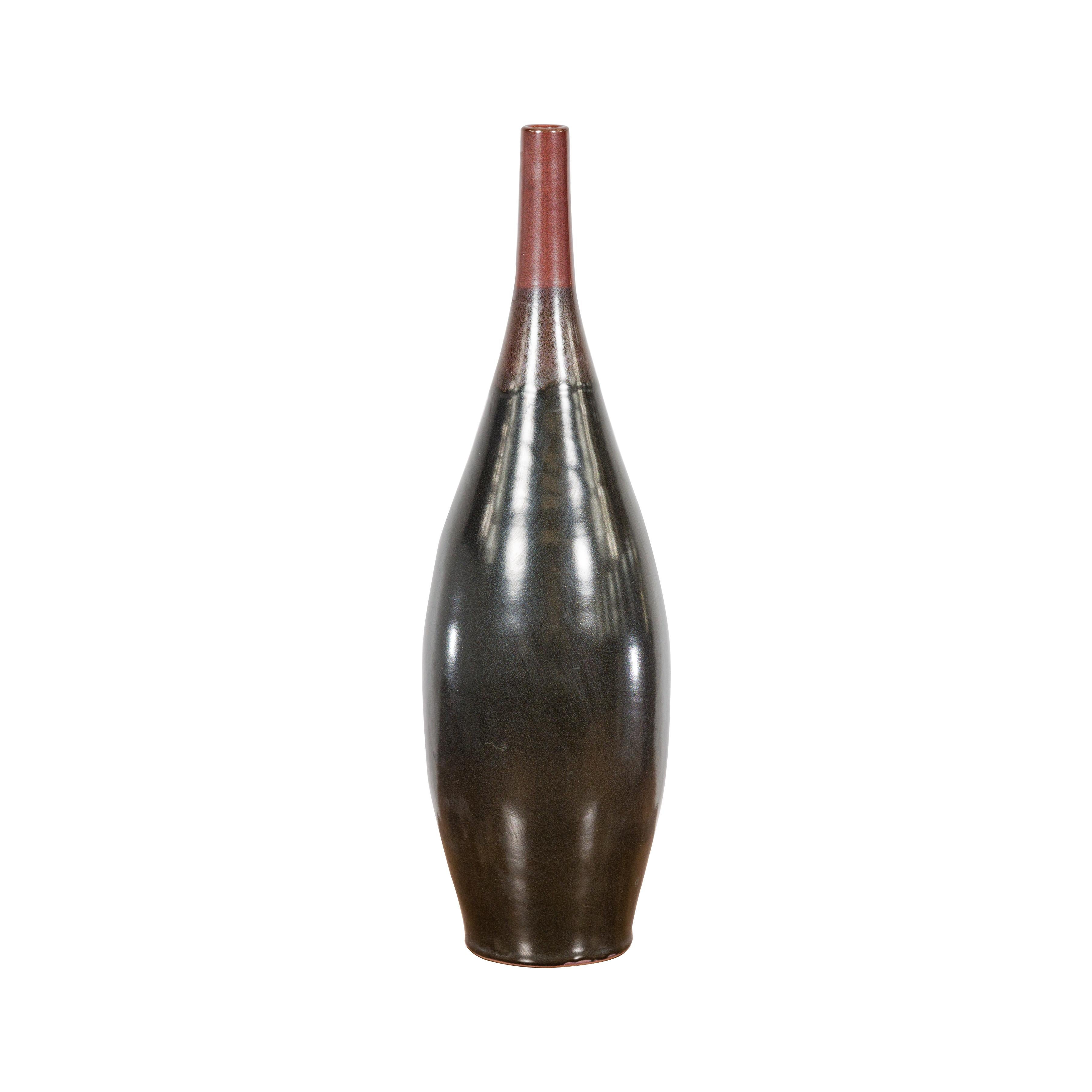Sleek Multi-Color Glazed Red, Brown and Black Ceramic Vase with Narrow Mouth For Sale 11