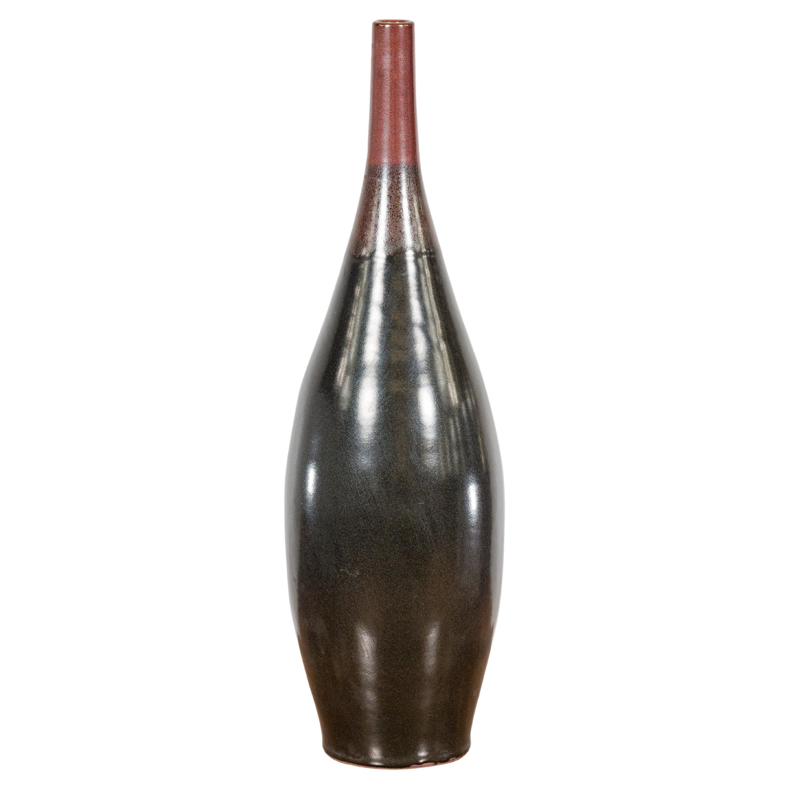 Sleek Multi-Color Glazed Red, Brown and Black Ceramic Vase with Narrow Mouth For Sale