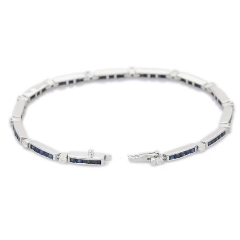 Beautifully handcrafted silver blue sapphire and diamond tennis bracelets, designed with love, including handpicked luxury gemstones for each designer piece. Grab the spotlight with this exquisitely crafted piece. Inlaid with natural blue sapphire