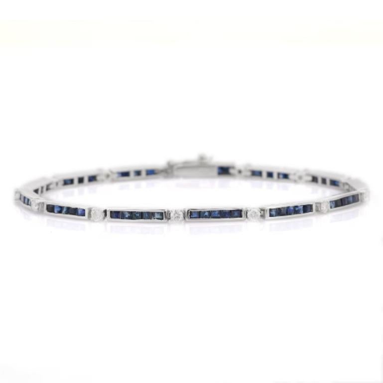 Square Cut Sleek Natural Blue Sapphire 925 Sterling Silver Stacking Tennis Bracelet  For Sale