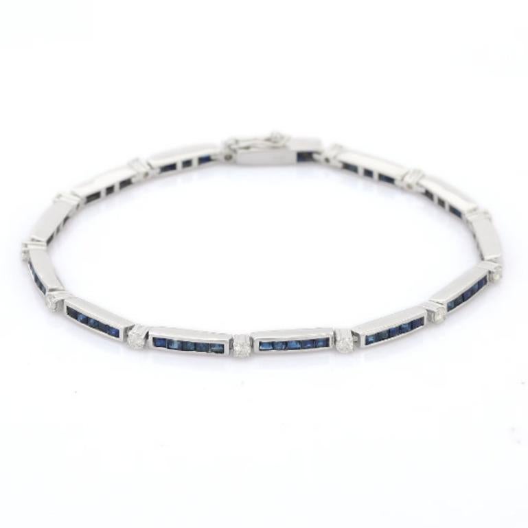 Taille carrée Bracelet tennis élégant en argent sterling 925 et saphir bleu naturel empilable  en vente