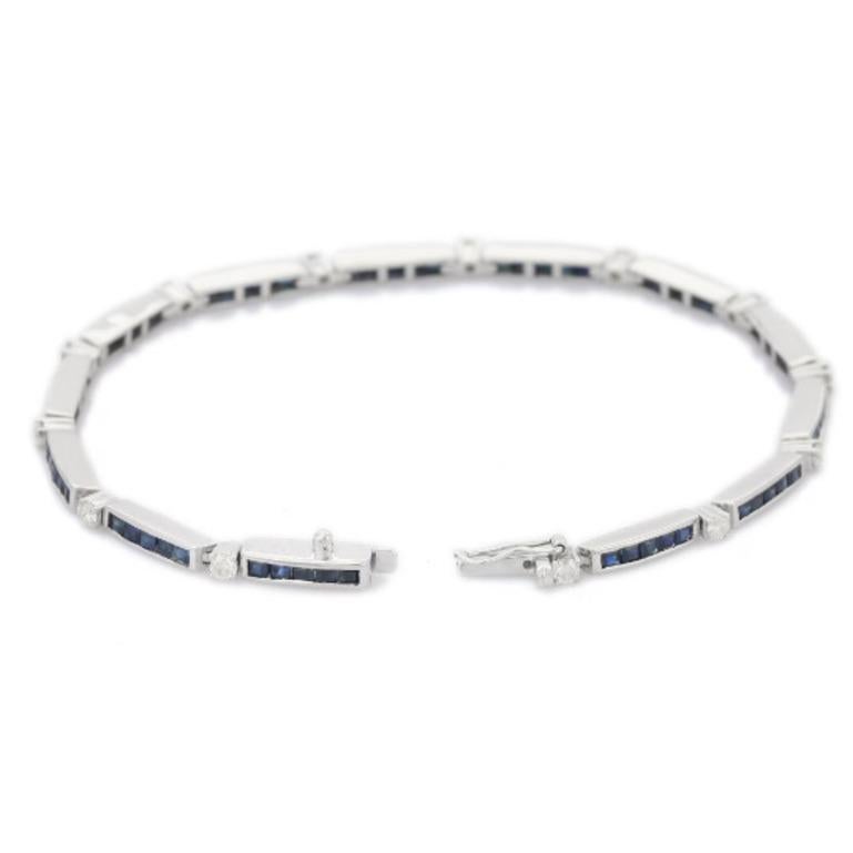 Sleek Natural Blue Sapphire Stacking Tennis Bracelet in Sterling Silver showcases endlessly sparkling natural blue sapphire, weighing 3.97 carat and diamonds weighing 0.61 carats. It measures 7 inches long in length. 
blue sapphire improves mental