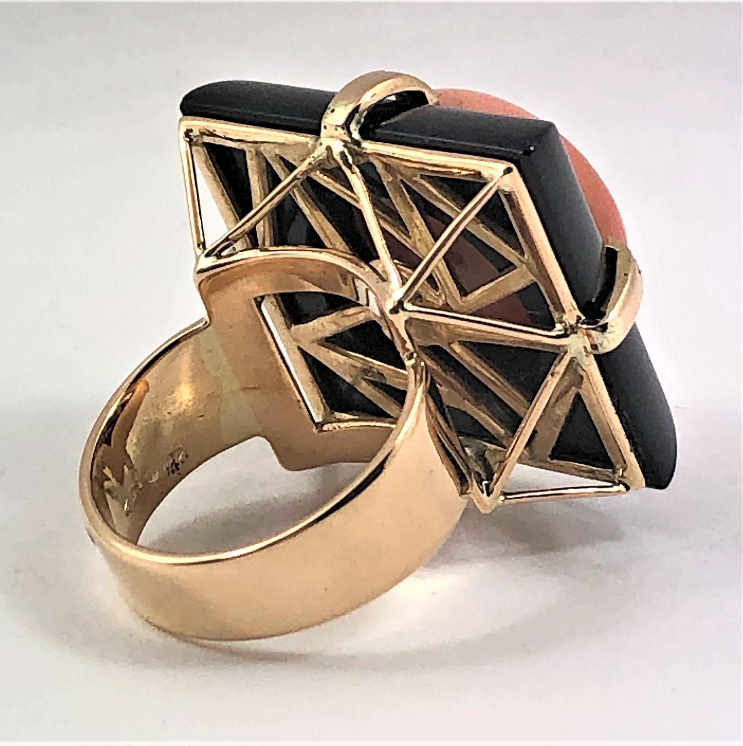 Women's Sleek Onyx Angel Skin Coral Gold and Diamond Ring