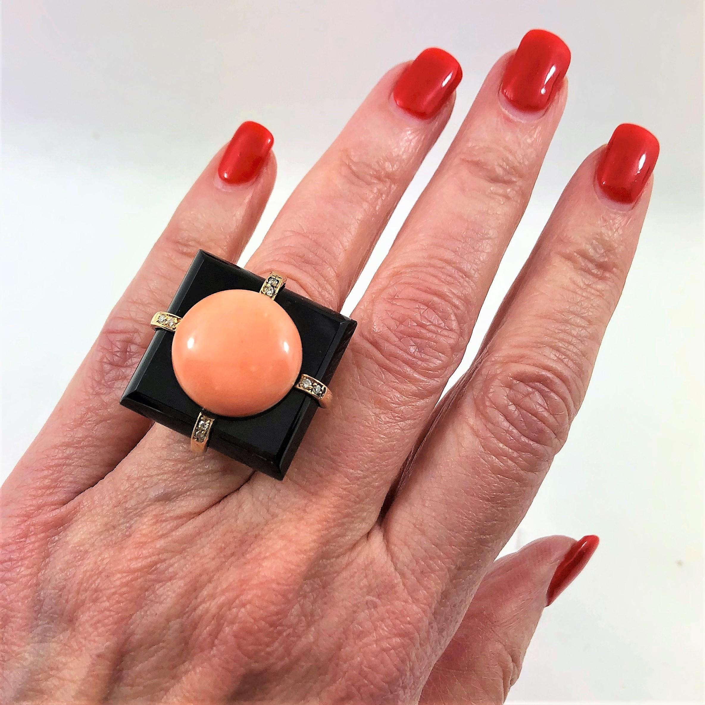 Sleek Onyx Angel Skin Coral Gold and Diamond Ring 4