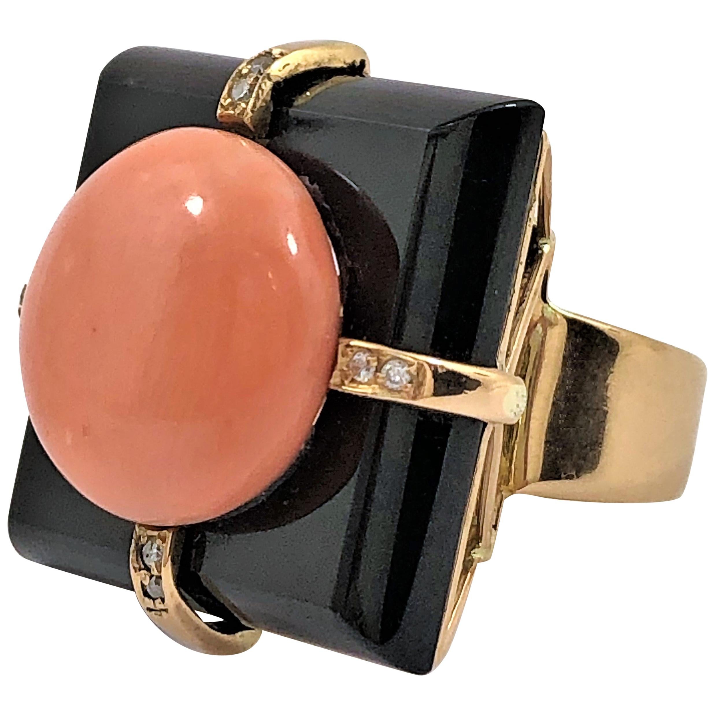 Sleek Onyx Angel Skin Coral Gold and Diamond Ring