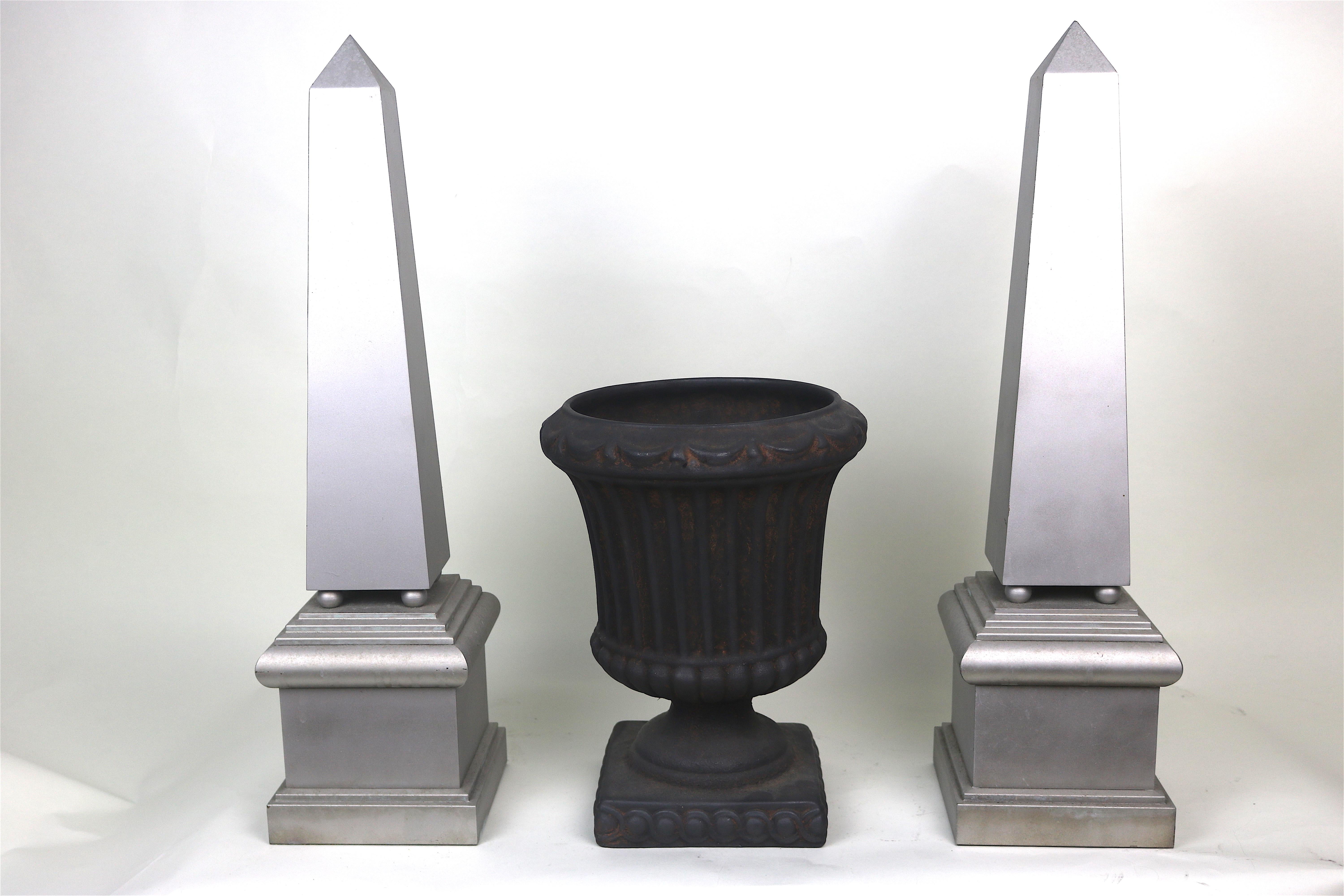 Mid-Century Modern Sleek Pair Modern Minimalist Articulated Silver Obelisks- Large 2 ft. High For Sale