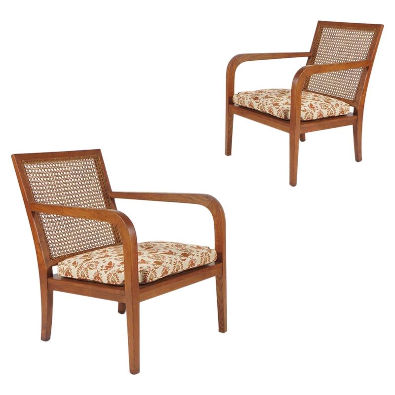 Sleek Pair of 'Art Moderne' Wood Frame & Cane Chairs with Horsehair Cushions