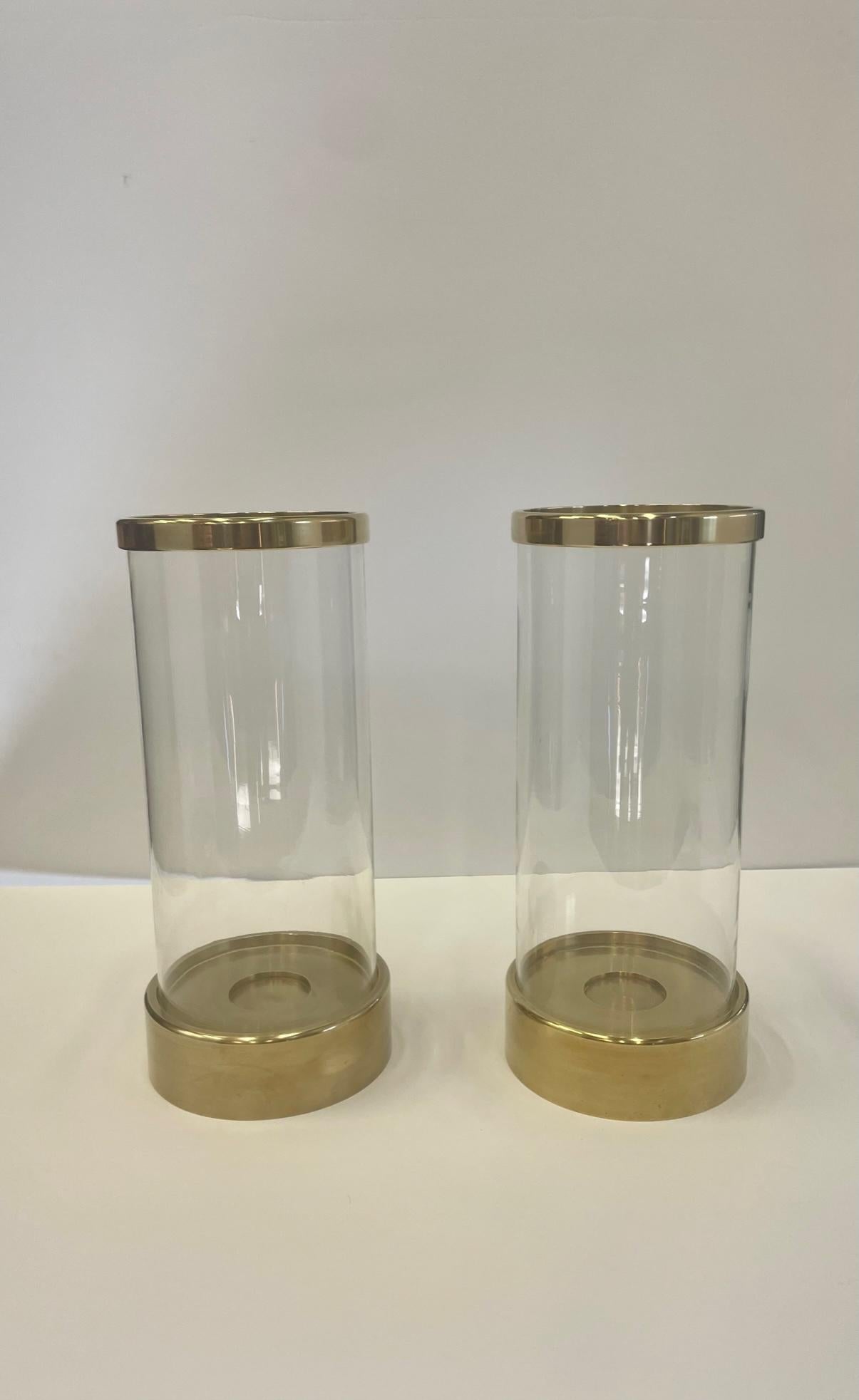 Sleek Pair of Chapman Brass & Glass Hurricanes In Good Condition In Hopewell, NJ