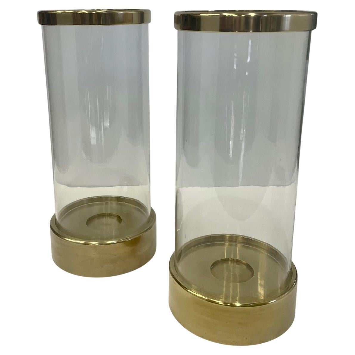 Sleek Pair of Chapman Brass & Glass Hurricanes