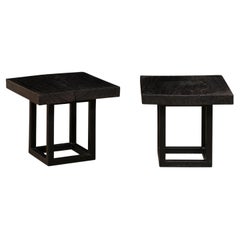 Sleek Pair of Custom Carbonized Teak Top Side Tables on Iron Bases Sleek Pair of Custom Carbonized Teak Top Side Tables on Iron Bases