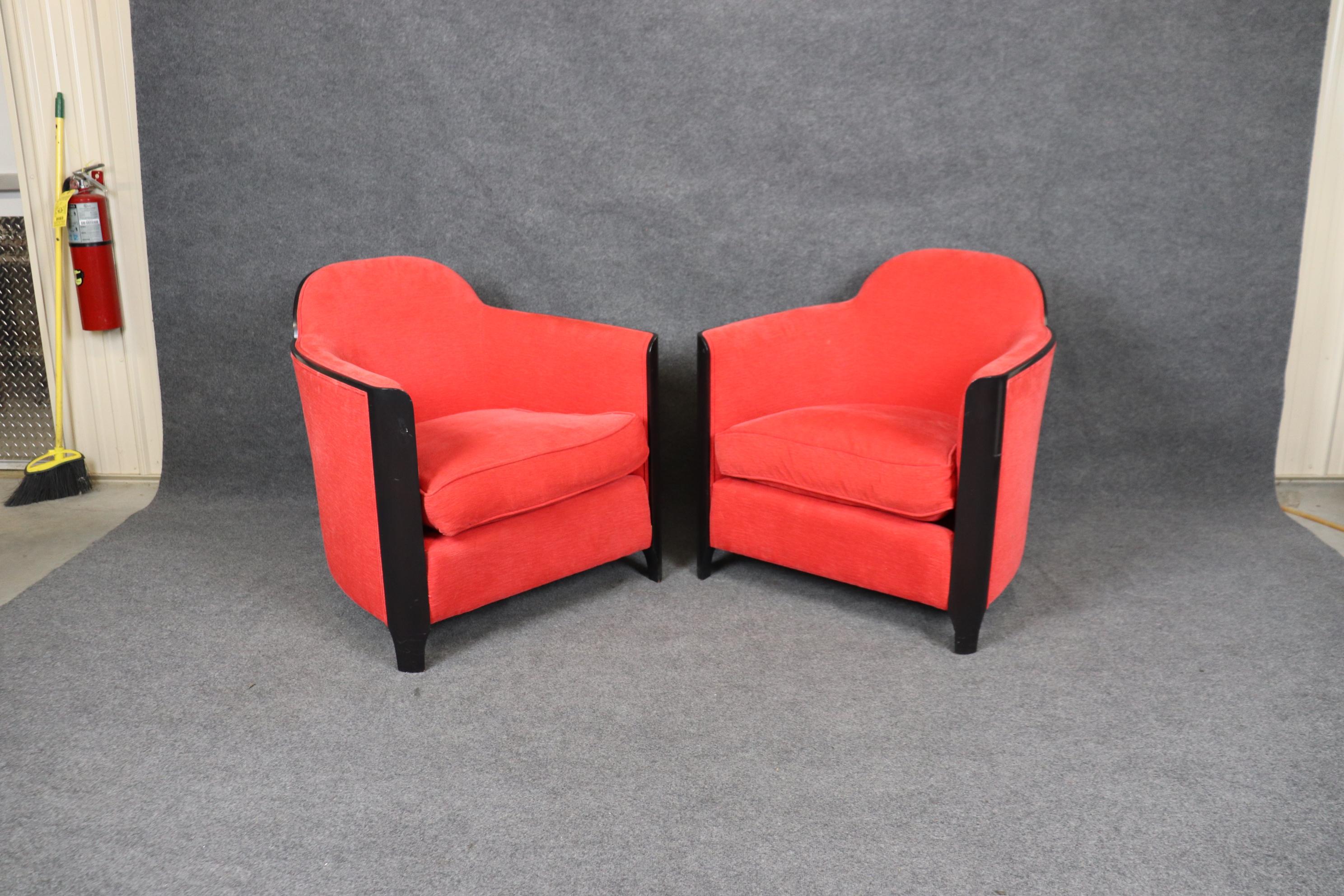 French Sleek Pair of Ebonized Art Deco Club Chairs in Red Upholstery Circa 1930s Era