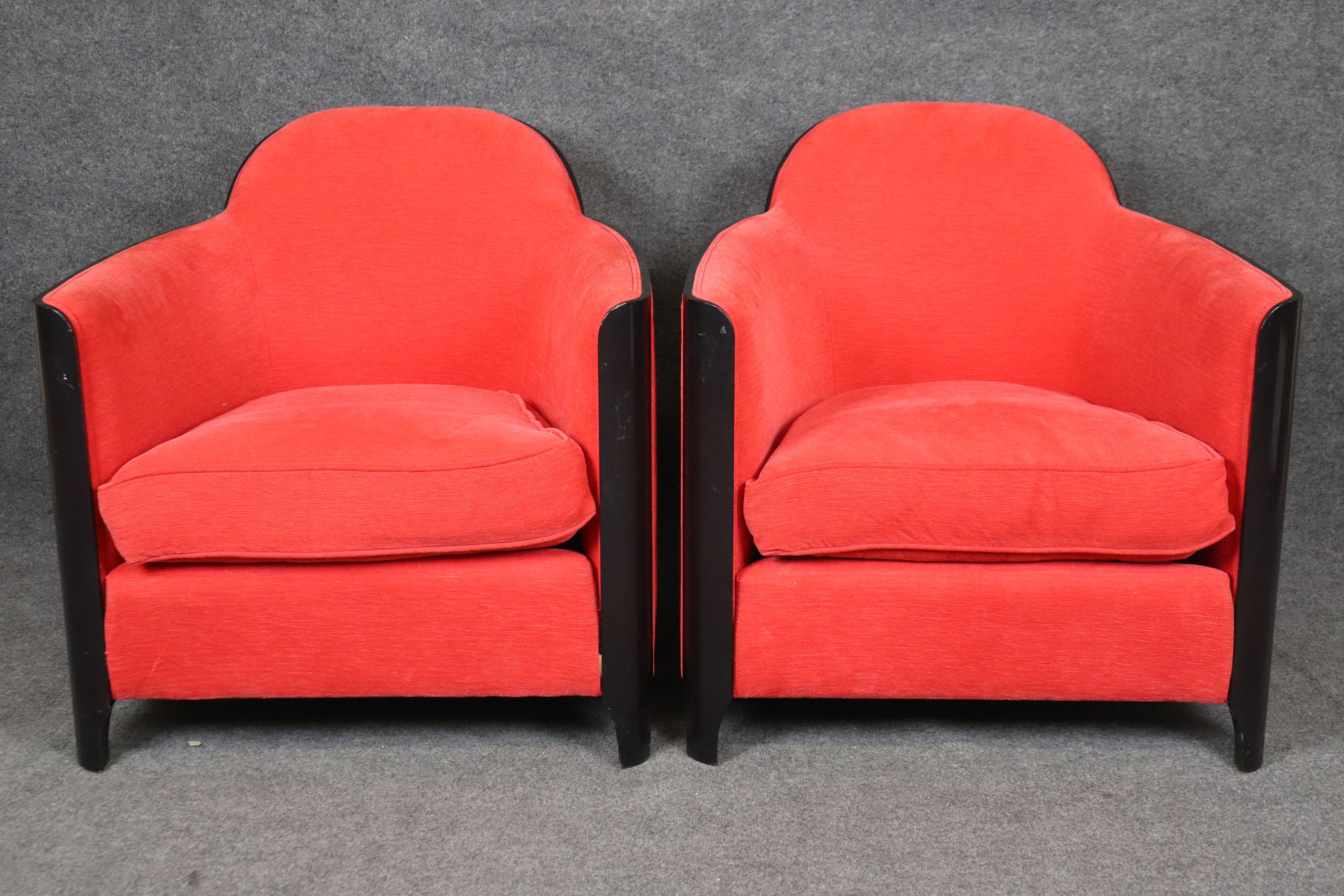 Sleek Pair of Ebonized Art Deco Club Chairs in Red Upholstery Circa 1930s Era In Good Condition In Swedesboro, NJ