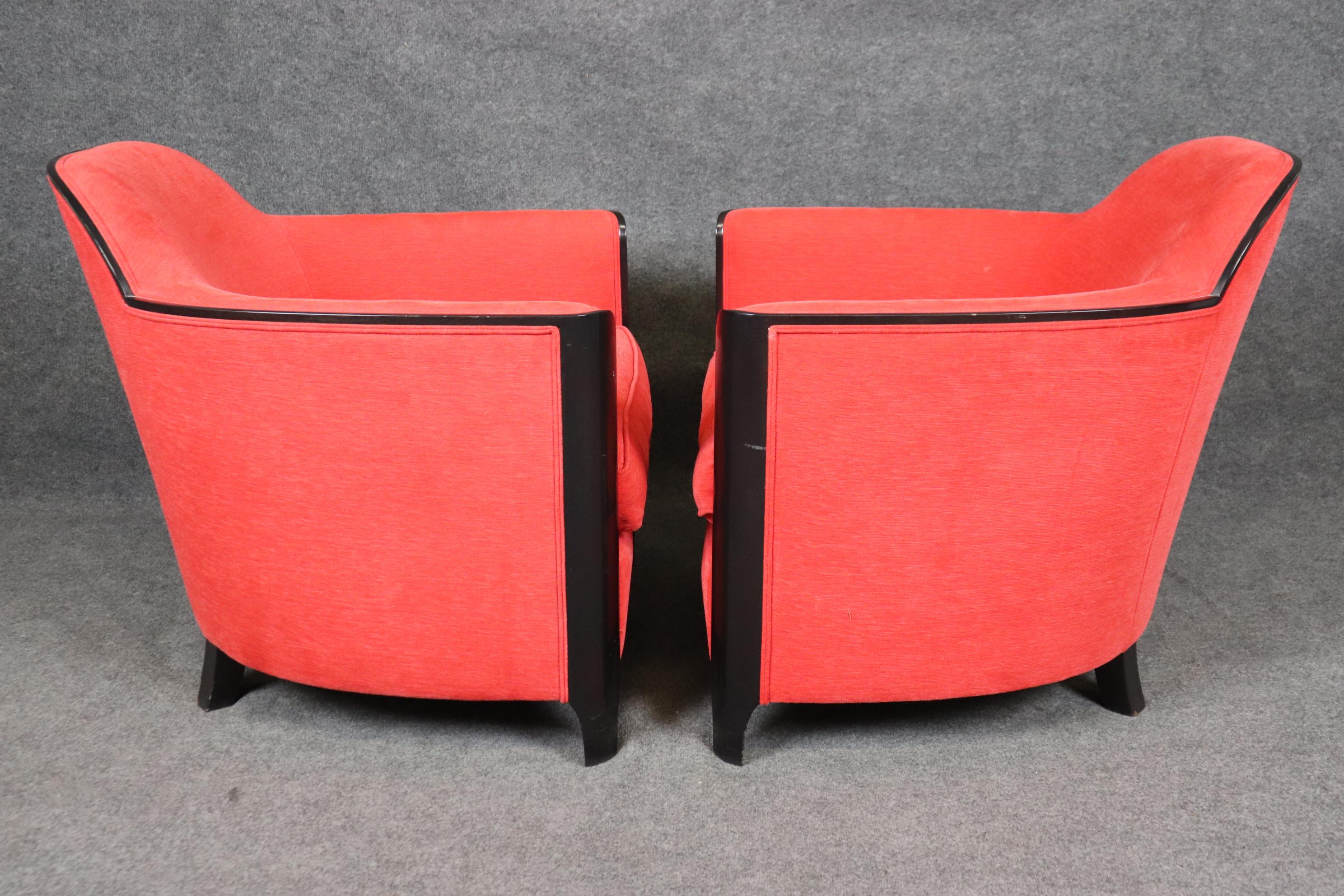 Mid-20th Century Sleek Pair of Ebonized Art Deco Club Chairs in Red Upholstery Circa 1930s Era