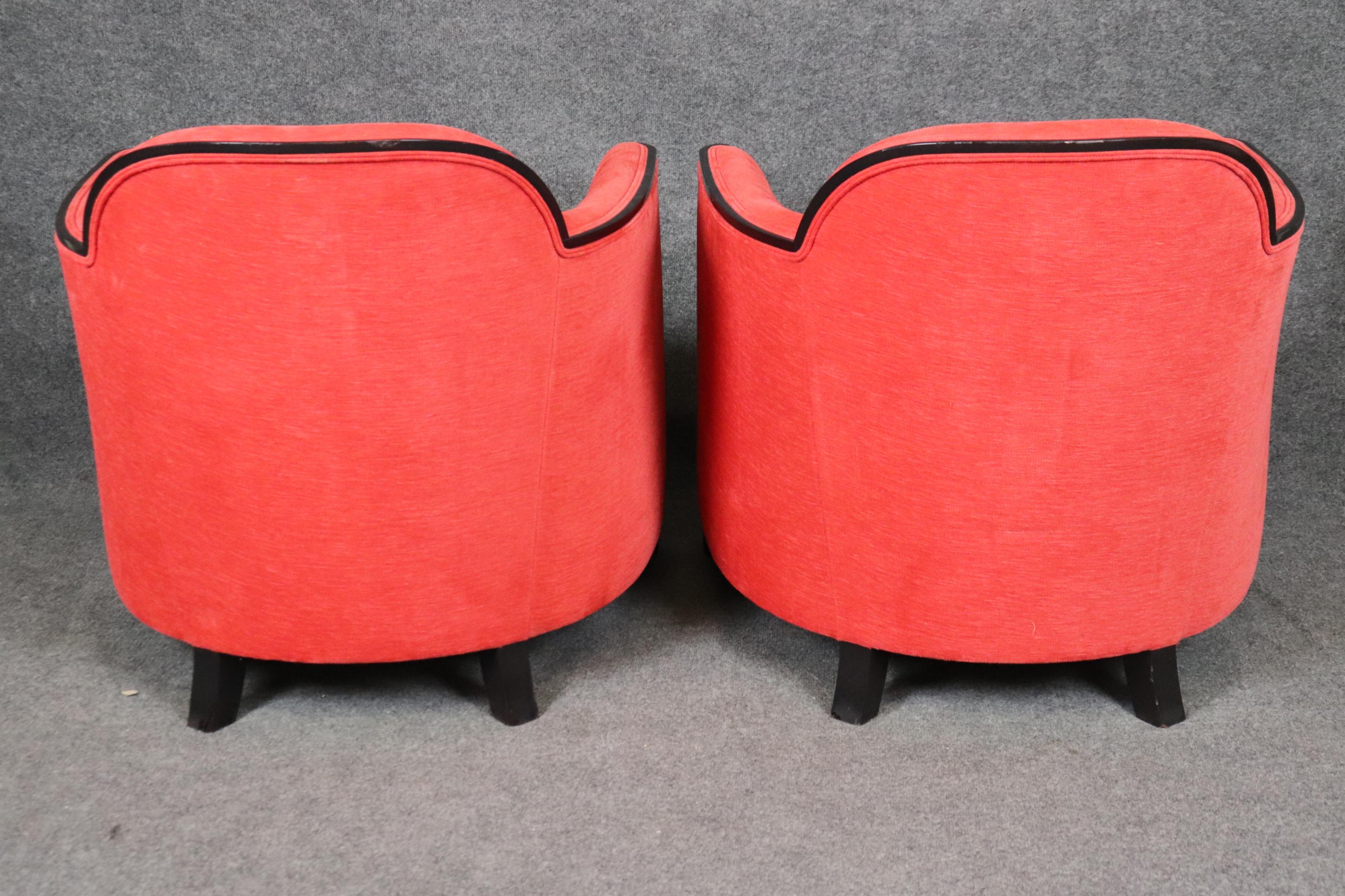 Walnut Sleek Pair of Ebonized Art Deco Club Chairs in Red Upholstery Circa 1930s Era