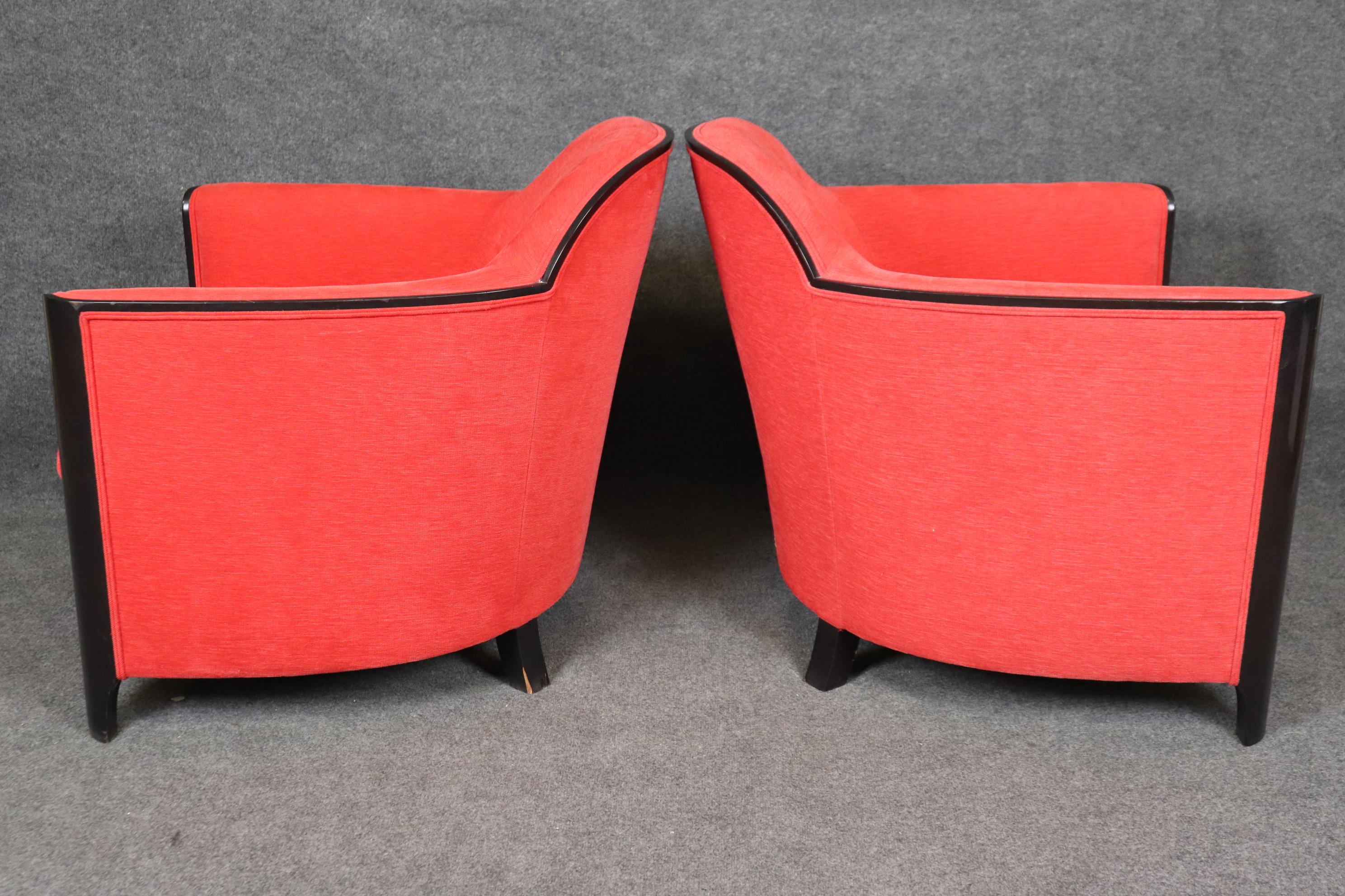 Sleek Pair of Ebonized Art Deco Club Chairs in Red Upholstery Circa 1930s Era 1