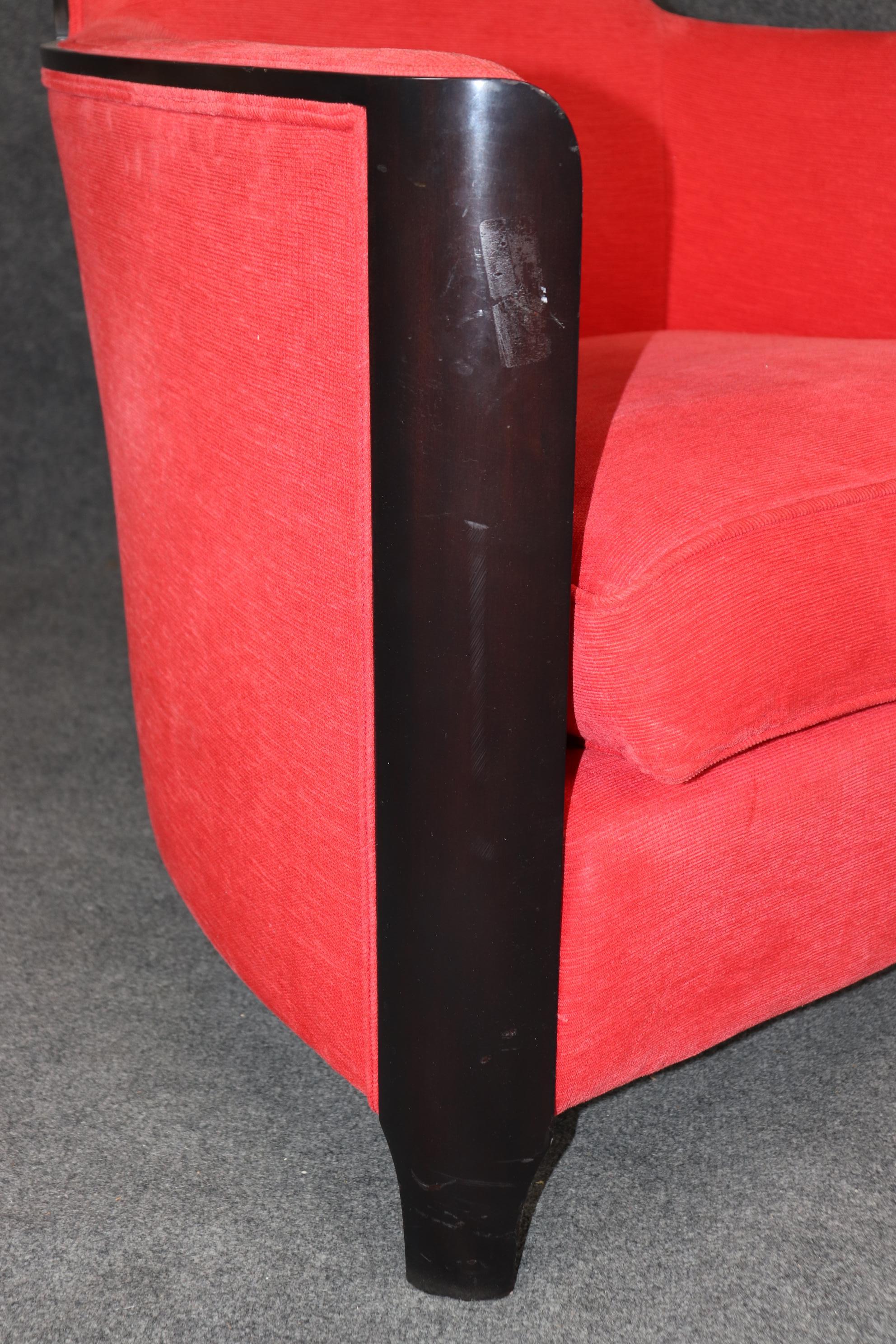 Sleek Pair of Ebonized Art Deco Club Chairs in Red Upholstery Circa 1930s Era 2
