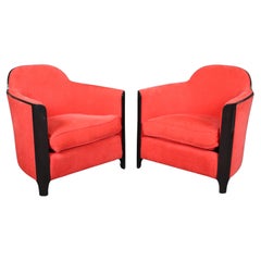 Vintage Sleek Pair of Ebonized Art Deco Club Chairs in Red Upholstery Circa 1930s Era