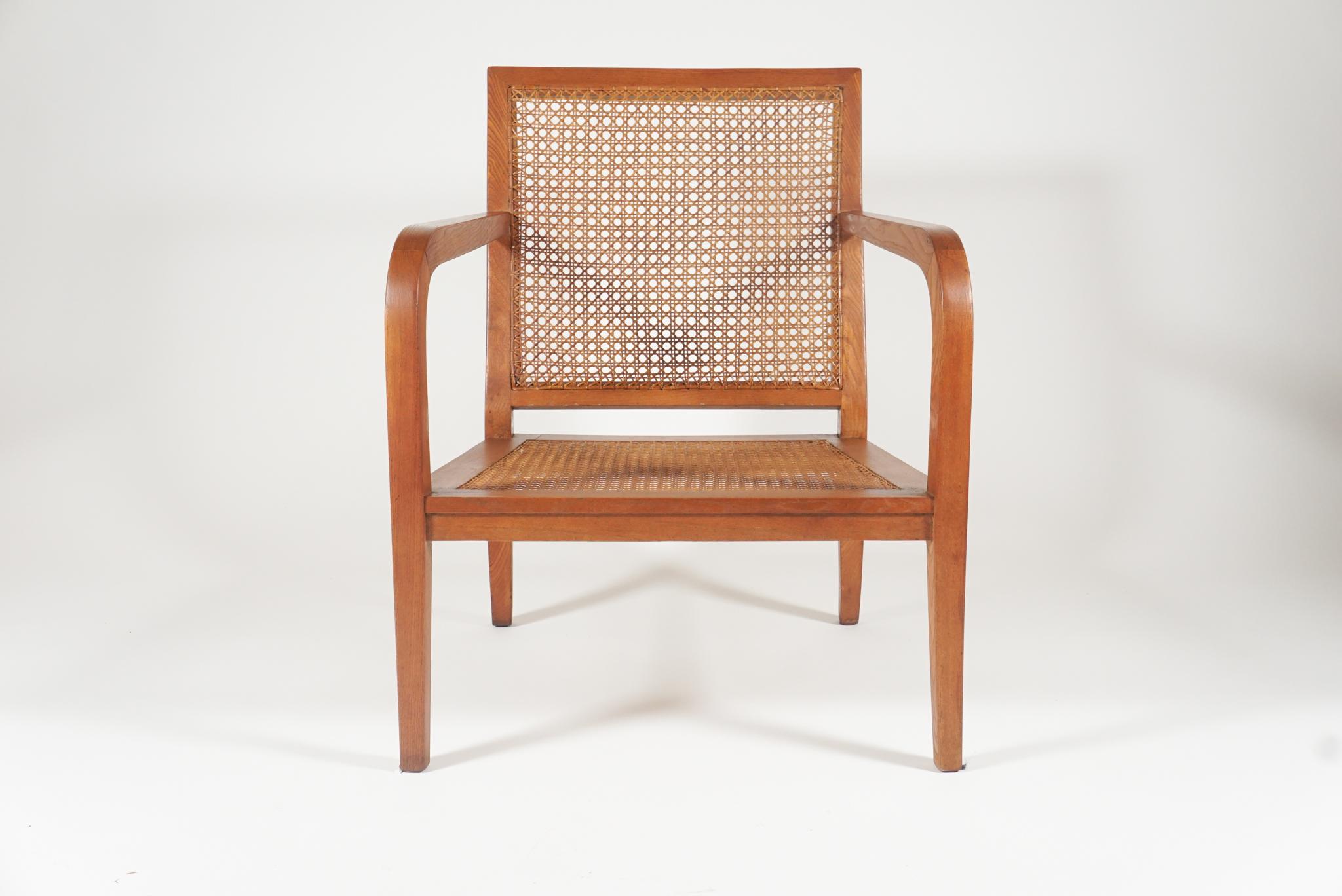 Mid-Century Modern Sleek Pair of 'Art Moderne' Wood Frame & Cane Chairs with Horsehair Cushions