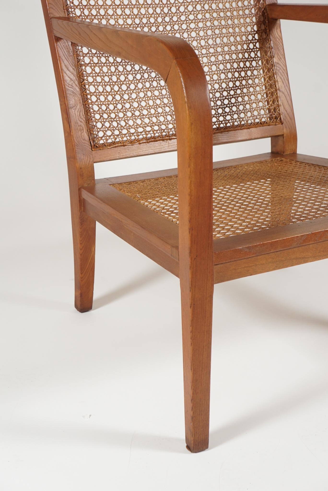 Mid-20th Century Sleek Pair of 'Art Moderne' Wood Frame & Cane Chairs with Horsehair Cushions