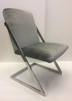 Sleek Pair of Mid-Century Modern Chrome and Gray Silk Velvet Club Chairs