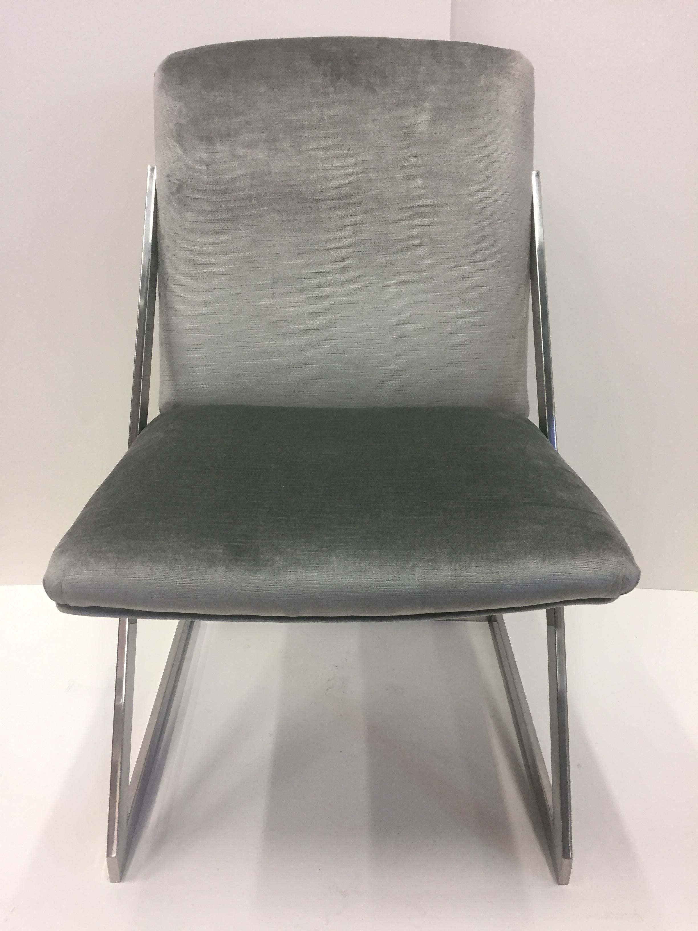 American Sleek Pair of Mid-Century Modern Chrome and Gray Silk Velvet Club Chairs For Sale