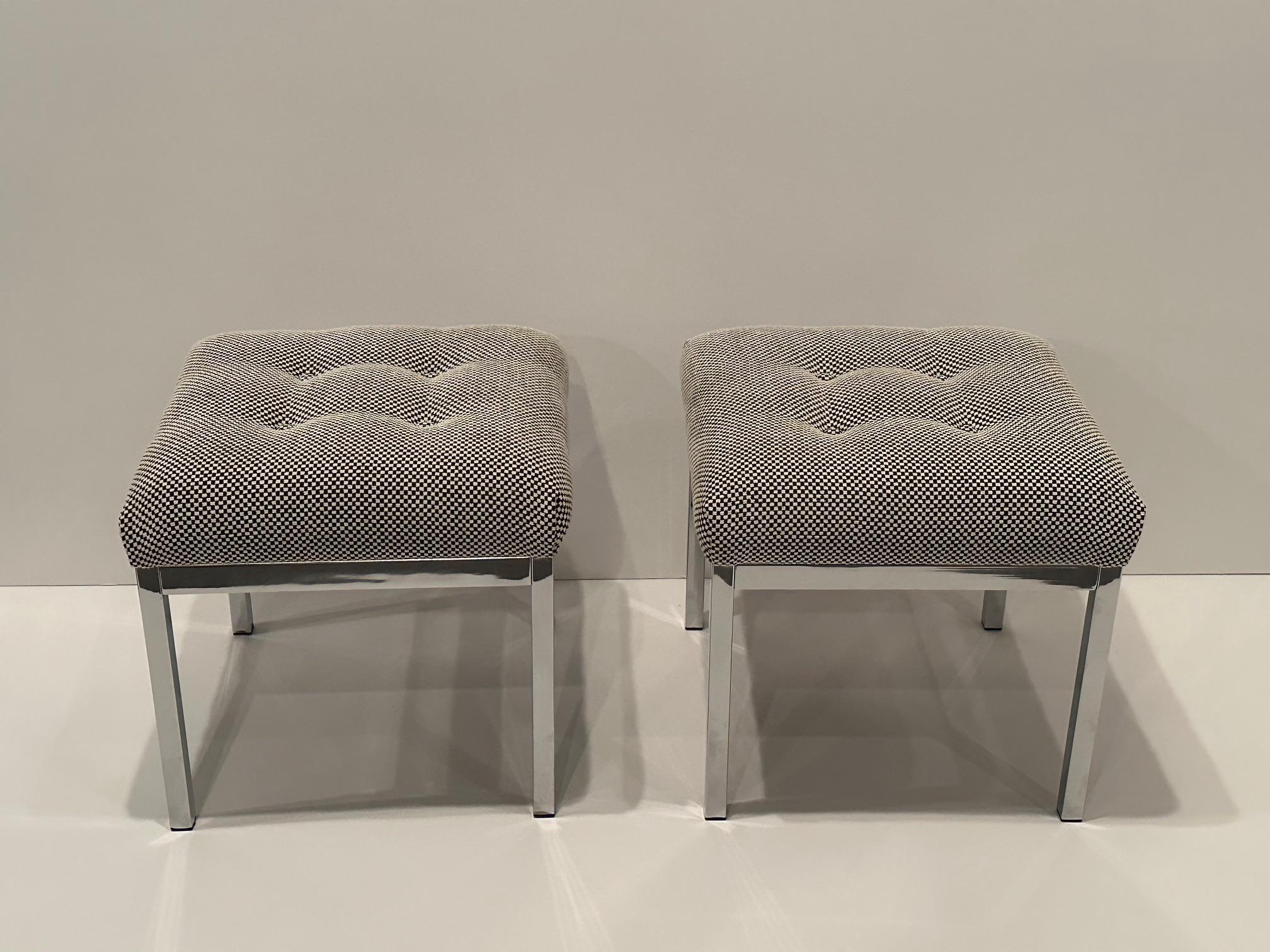 Mid-Century Modern Sleek Pair of Mid Century Modern Chrome Ottomans with New Upholstery For Sale