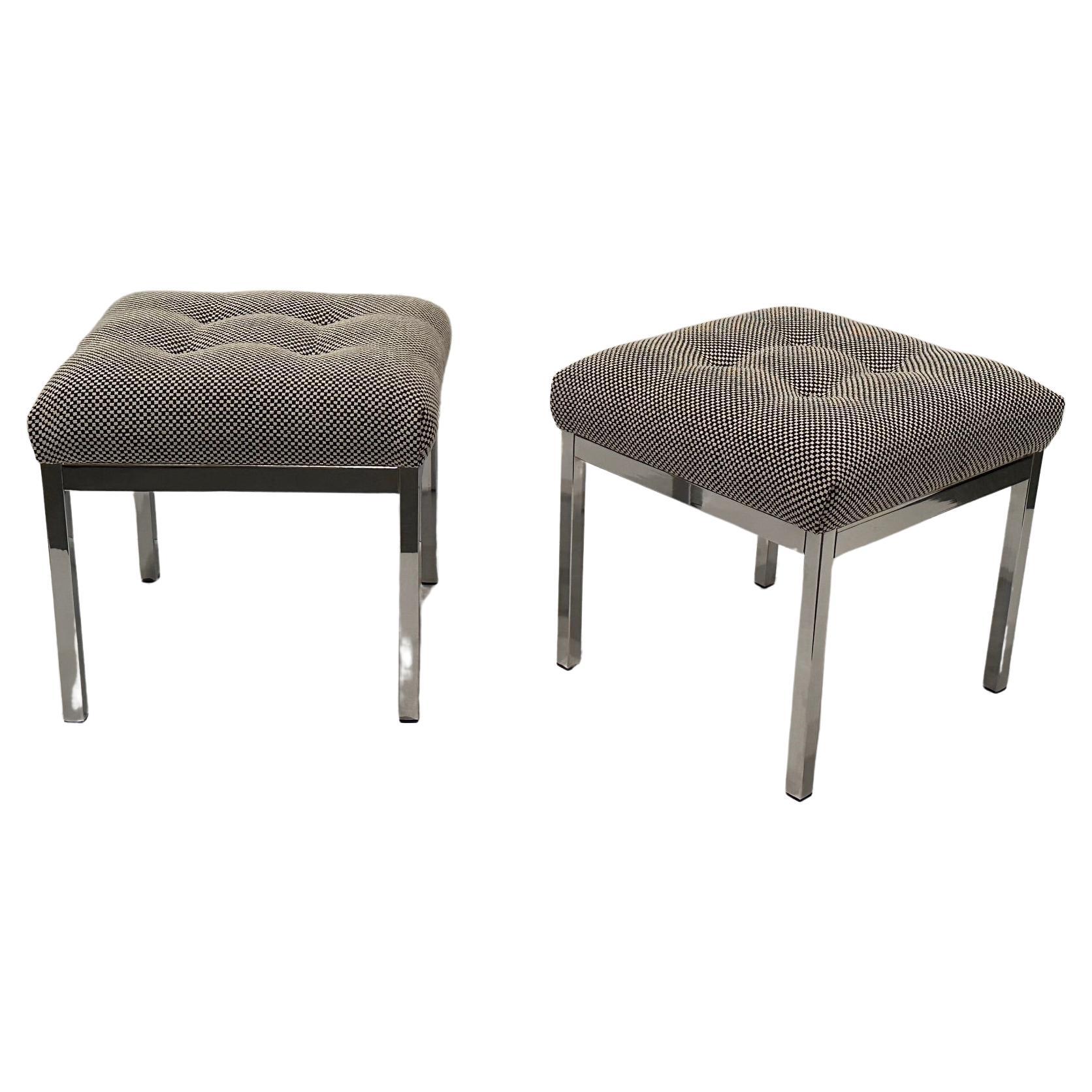 Sleek Pair of Mid Century Modern Chrome Ottomans with New Upholstery For Sale