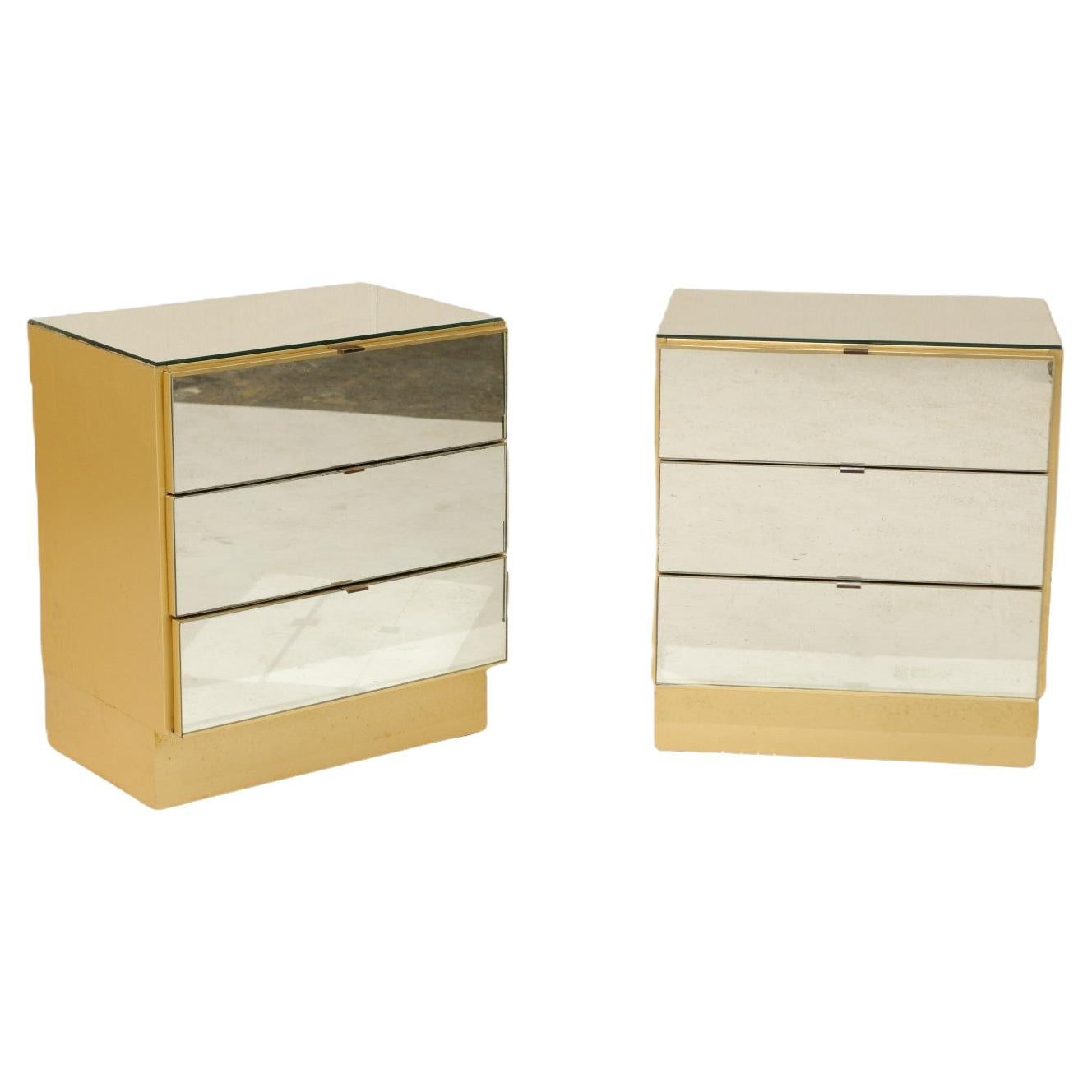 Sleek Pair of Mirrored Vintage Chests with Gold + Clean Lines For Sale