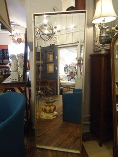 Sleek Pair of Modern Tall Bevelled Mirrors in Silver Leaf Frame