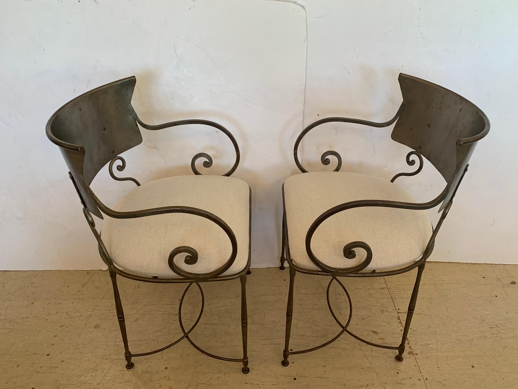 Pair of sophisticated contemporary vintage metal chairs with 
new upholstery.

Measures: rm. 26.25” H
Seat 16” D x 18.5” H.