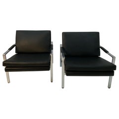 Sleek Pair of Retro Milo Baughman Style Chrome & Black Vinyl Club Chairs