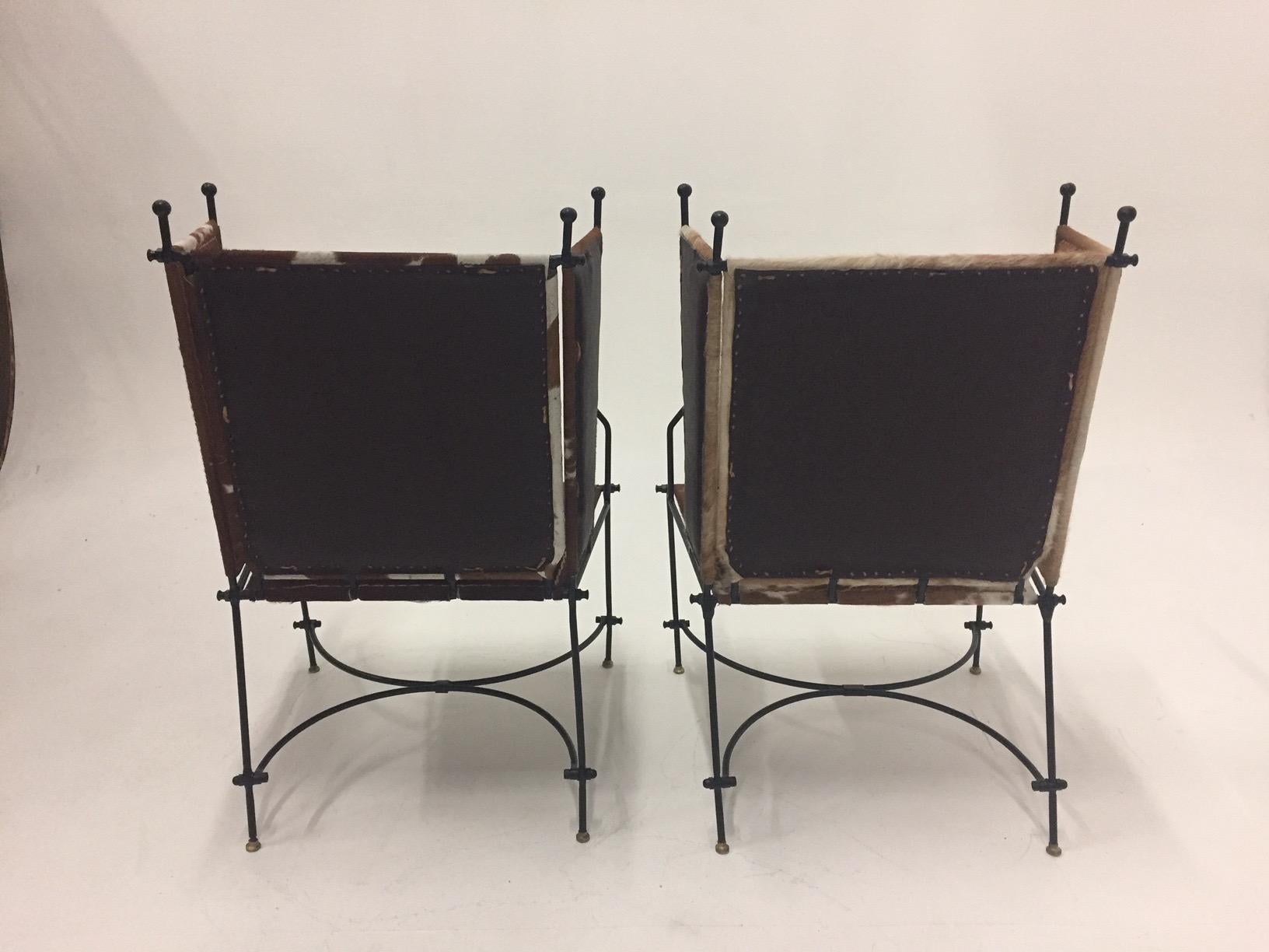 Sleek Pair of Wrought Iron Cowhide and Leather Mid-Century Modern Club Chairs 5