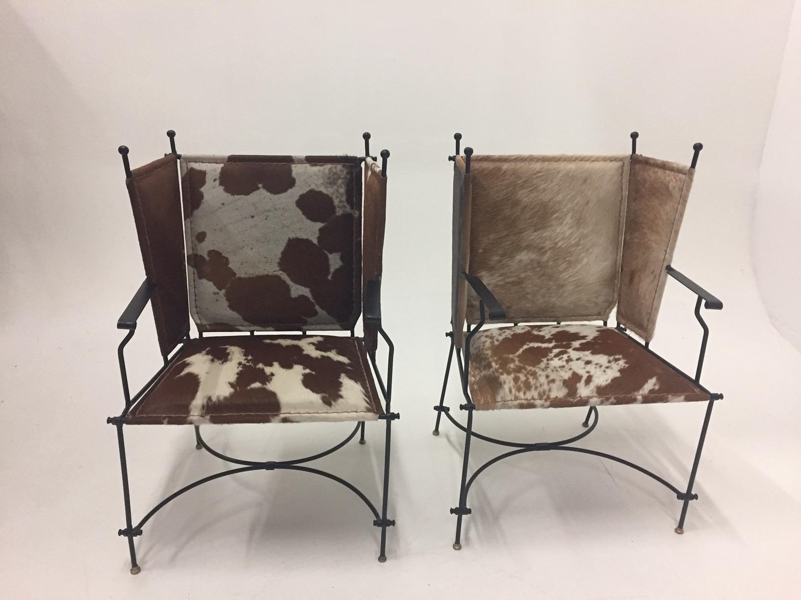 Sleek Pair of Wrought Iron Cowhide and Leather Mid-Century Modern Club Chairs 6