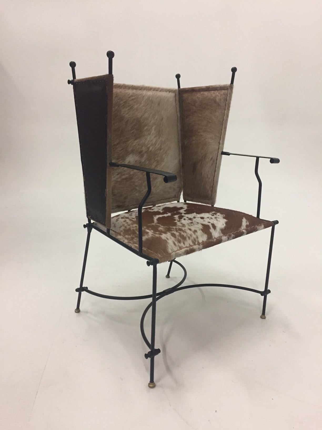 Late 20th Century Sleek Pair of Wrought Iron Cowhide and Leather Mid-Century Modern Club Chairs
