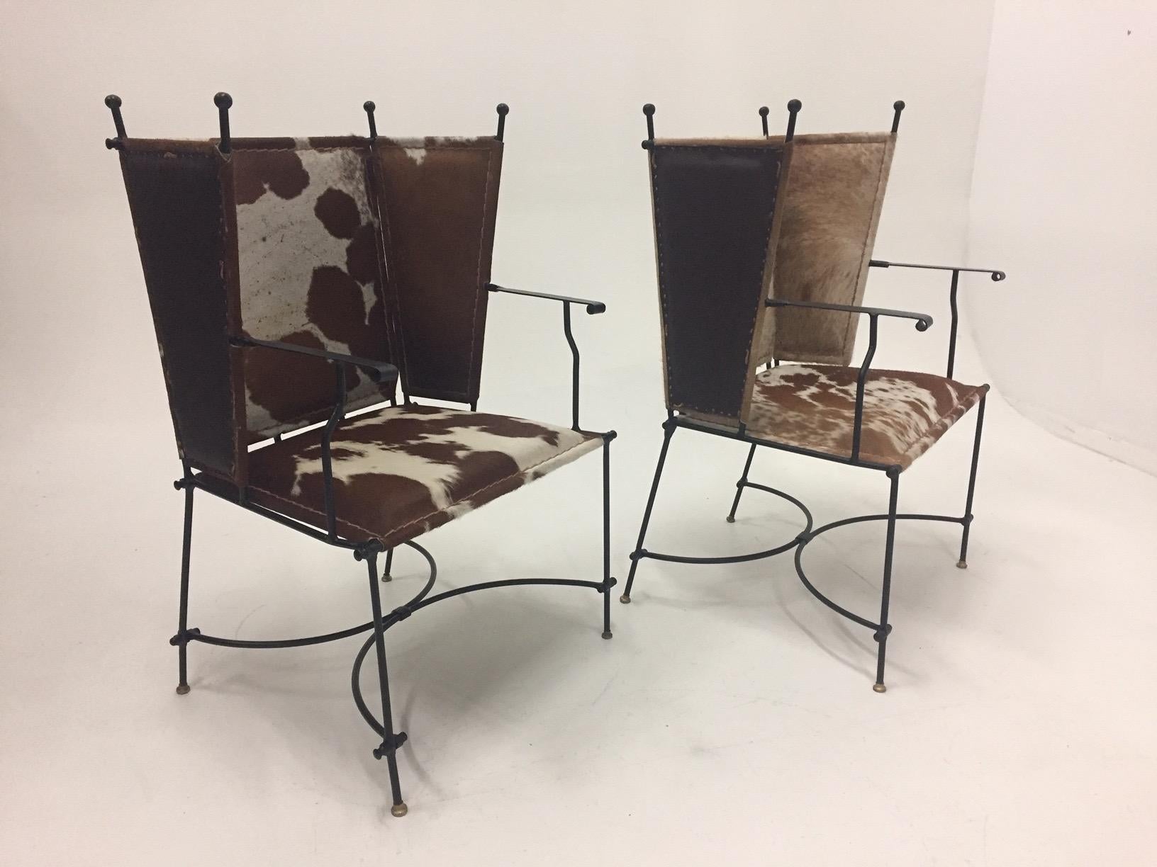 Sleek Pair of Wrought Iron Cowhide and Leather Mid-Century Modern Club Chairs 2