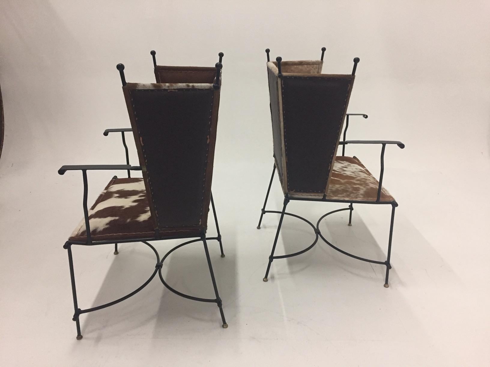 Sleek Pair of Wrought Iron Cowhide and Leather Mid-Century Modern Club Chairs 3