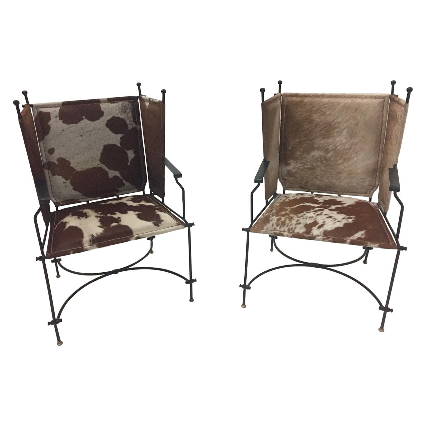 Sleek Pair of Wrought Iron Cowhide and Leather Mid-Century Modern Club Chairs