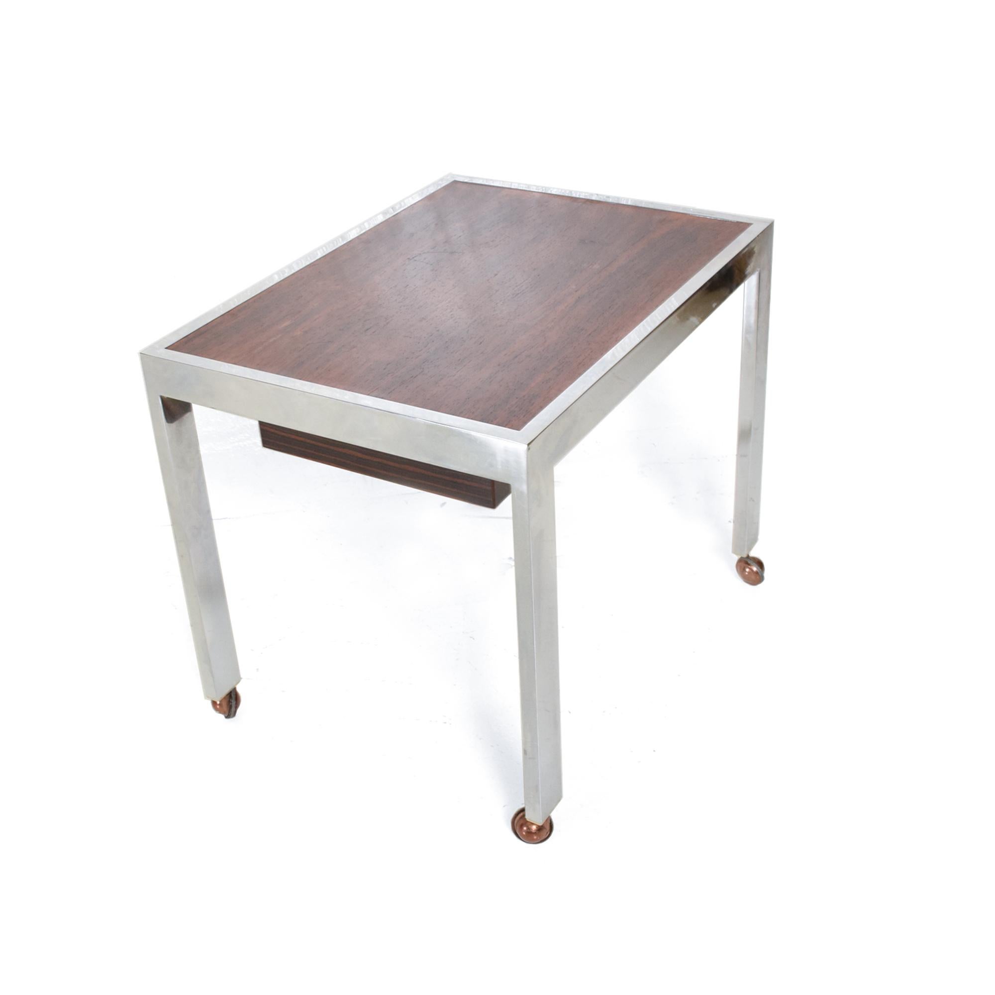 Scandinavian Modern Sleek Rosewood & Chrome Rectangular Side Table on Rolling Casters 1960s Modern