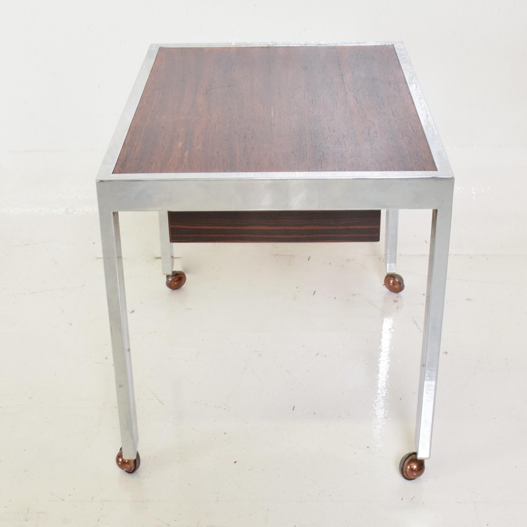 Danish Sleek Rosewood & Chrome Rectangular Side Table on Rolling Casters 1960s Modern