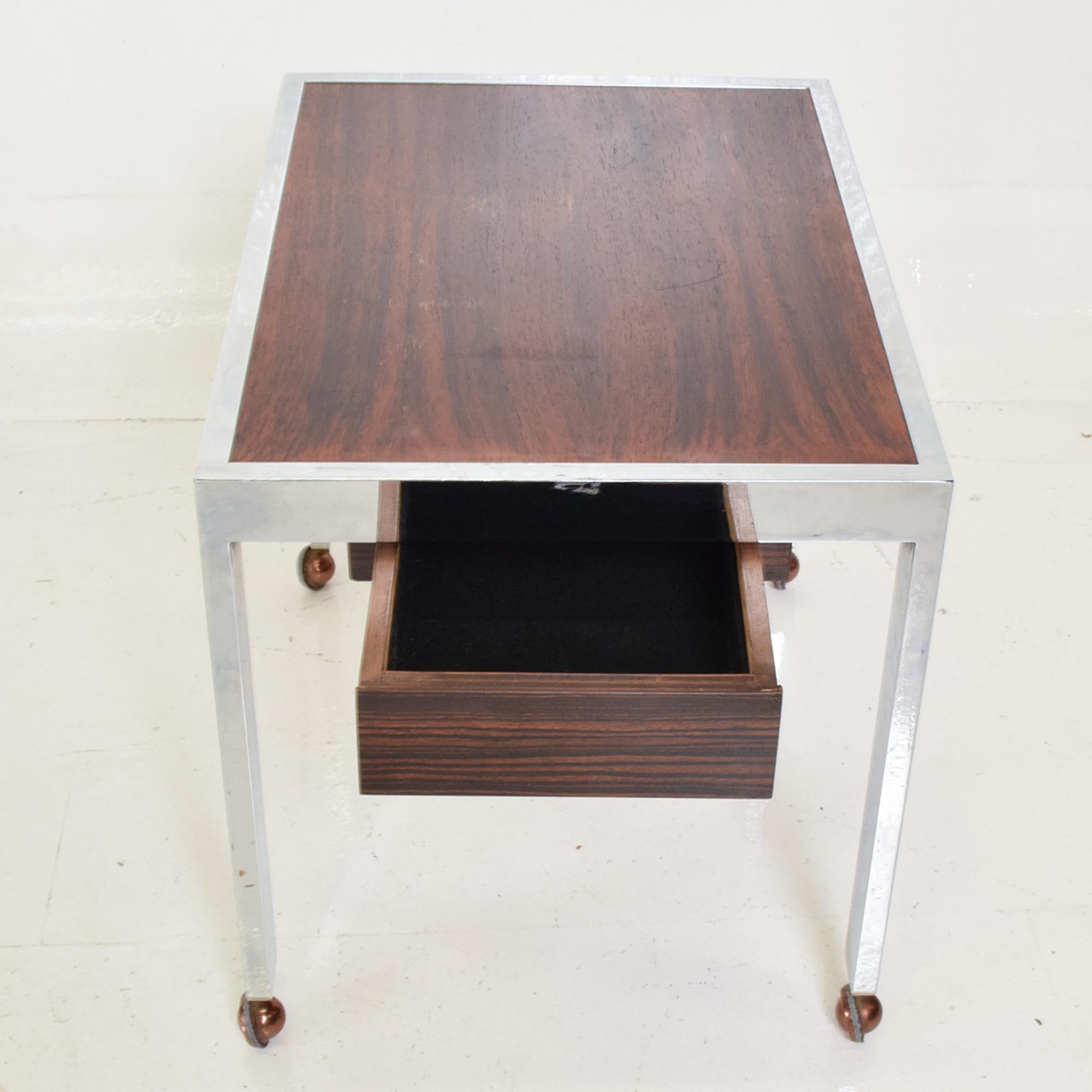 Sleek Rosewood & Chrome Rectangular Side Table on Rolling Casters 1960s Modern In Good Condition In Chula Vista, CA