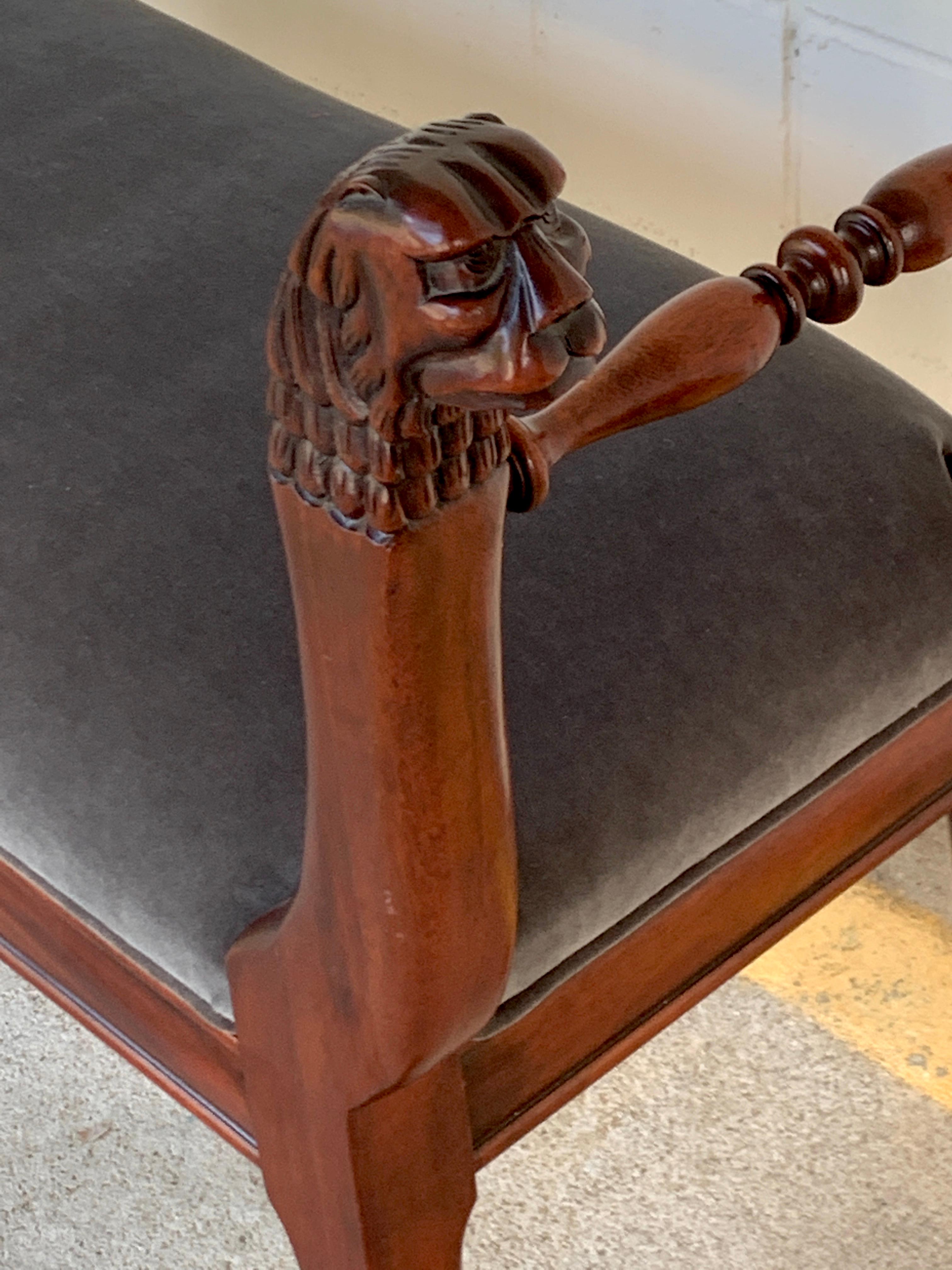 Sleek Regency Style Lion Carved Mahogany Bench For Sale 4