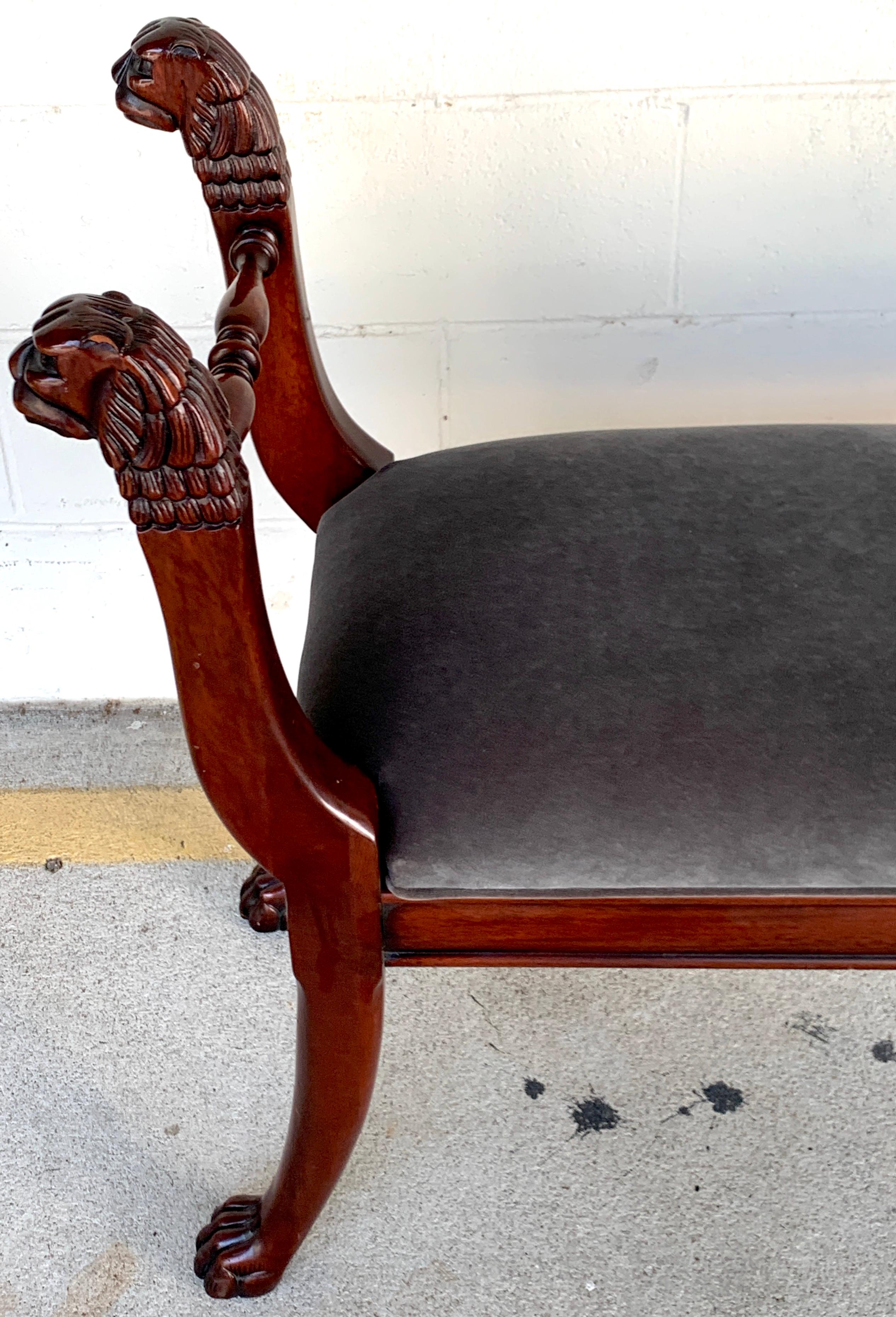 Sleek Regency Style Lion Carved Mahogany Bench For Sale 2