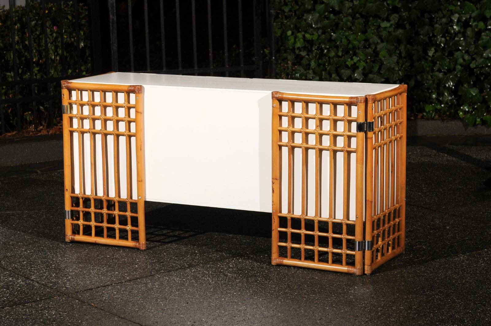 Sleek Restored Cream Lacquer Cabinet with Rattan and Cane Accents, circa 1975 For Sale 4